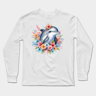 A dolphin decorated with beautiful colorful flowers. Long Sleeve T-Shirt